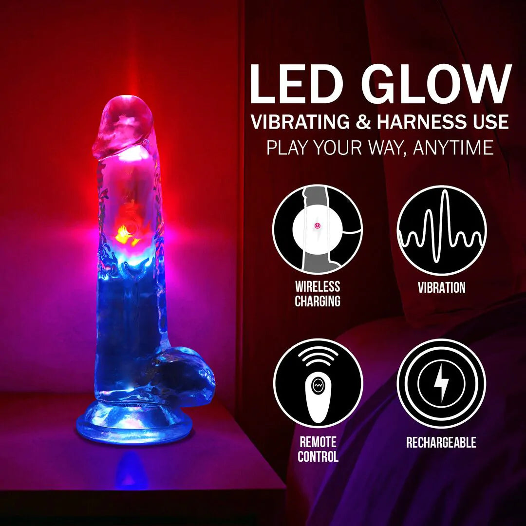 Dildo vibrador LED con testículos - 20 cm / 8" - Transparente