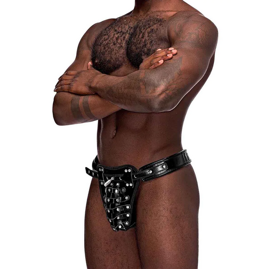 Taurus - Tanga de Jaula de Castidad de Cuero Imitación - Talla Única - Negro