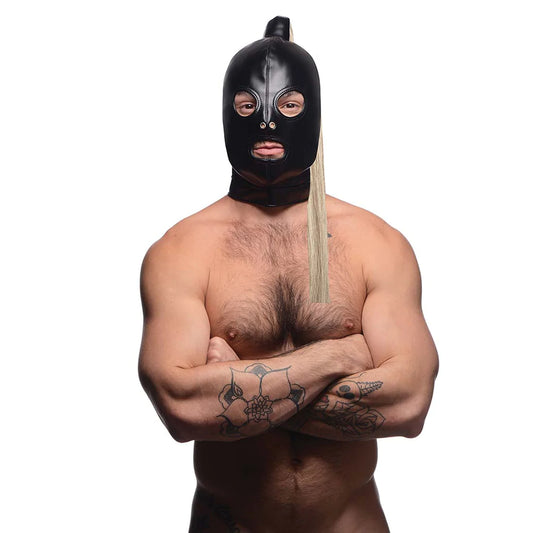 Máscara de bondage con cola de caballo rubia