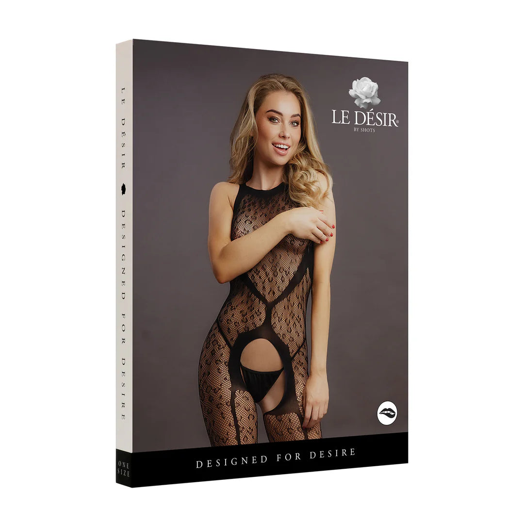 Crotchless Leopard Bodystocking - One Size - Black