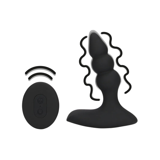 Plug anal vibrador con cuentas y control remoto - Negro regaliz