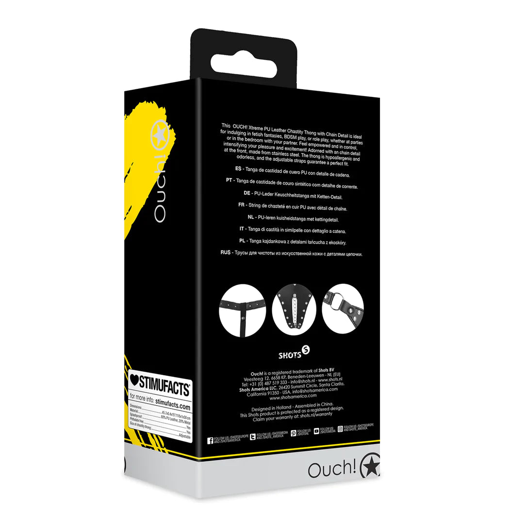 PU Leather Tanga de castidad con detalle de cadena - Black