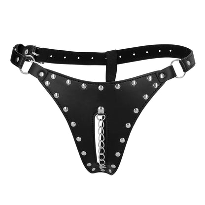 PU Leather Tanga de castidad con detalle de cadena - Black