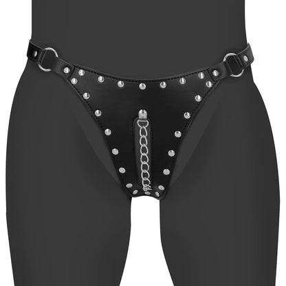 PU Leather Tanga de castidad con detalle de cadena - Black