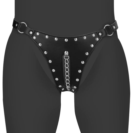 PU Leather Tanga de castidad con detalle de cadena - Black