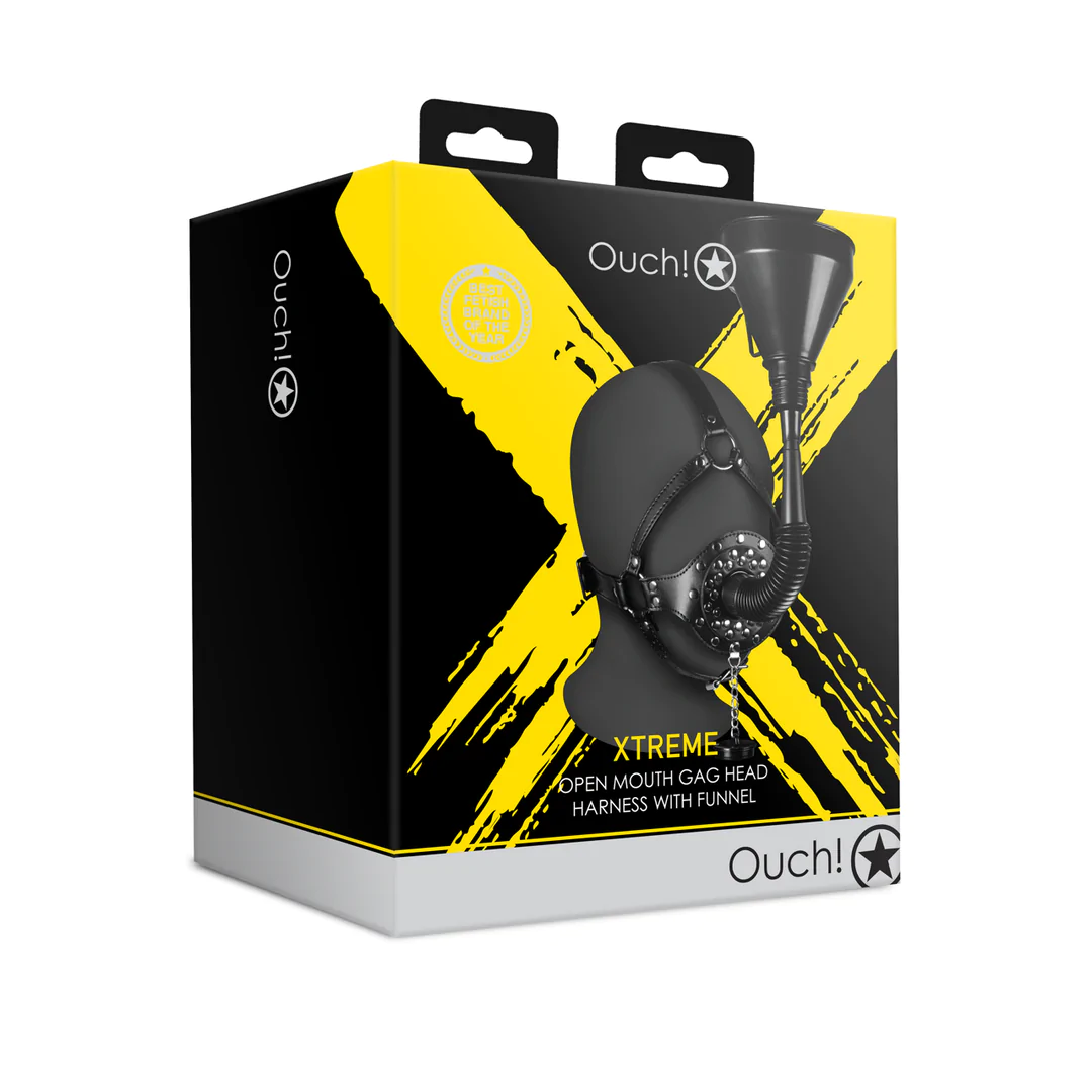 Arnés de cabeza con mordaza de boca abierta y embudo - Negro