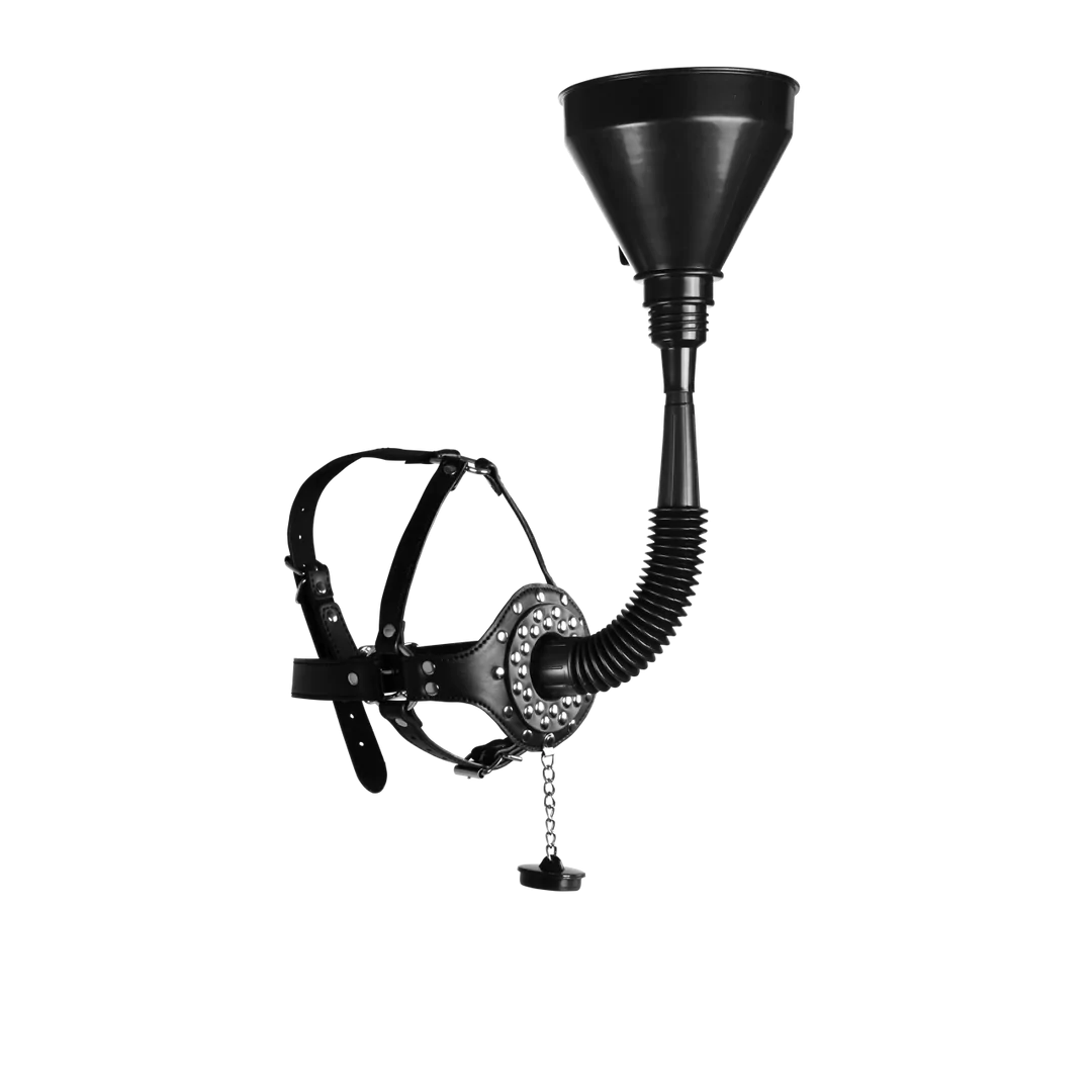 Arnés de cabeza con mordaza de boca abierta y embudo - Negro