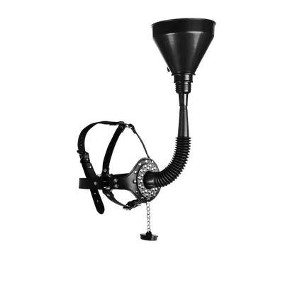Arnés de cabeza con mordaza de boca abierta y embudo - Negro
