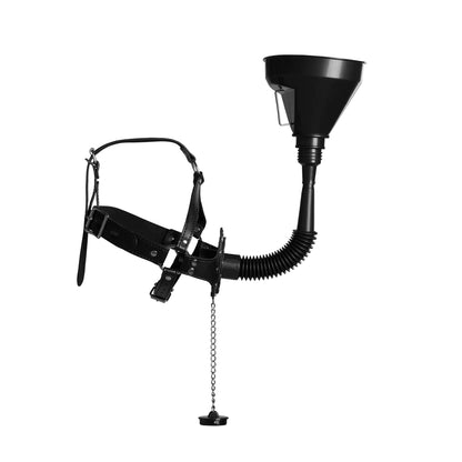 Arnés de cabeza con mordaza de boca abierta y embudo - Negro