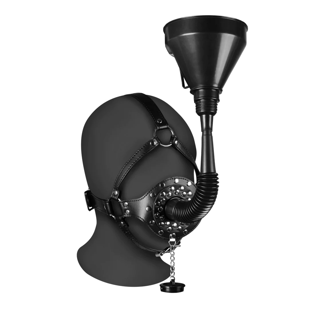 Arnés de cabeza con mordaza de boca abierta y embudo - Negro