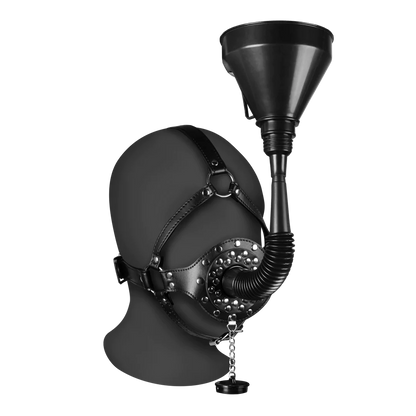 Arnés de cabeza con mordaza de boca abierta y embudo - Negro