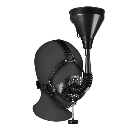 Arnés de cabeza con mordaza de boca abierta y embudo - Negro