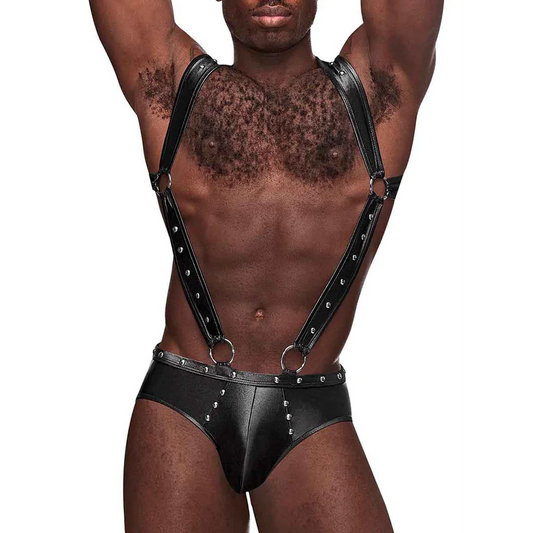 Uranus - Harness Style Open Back Jock Briefs with Suspender Straps - L/XL - Black
