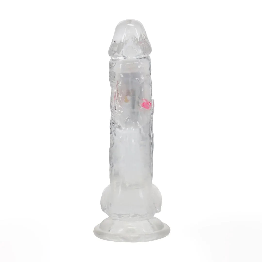 Dildo vibrador LED con testículos - 20 cm / 8" - Transparente