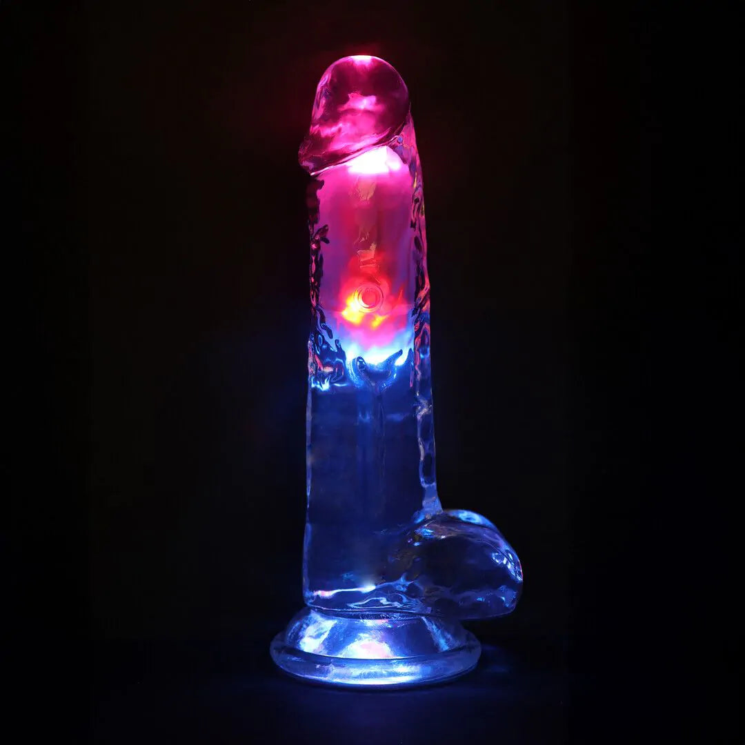 Dildo vibrador LED con testículos - 20 cm / 8" - Transparente