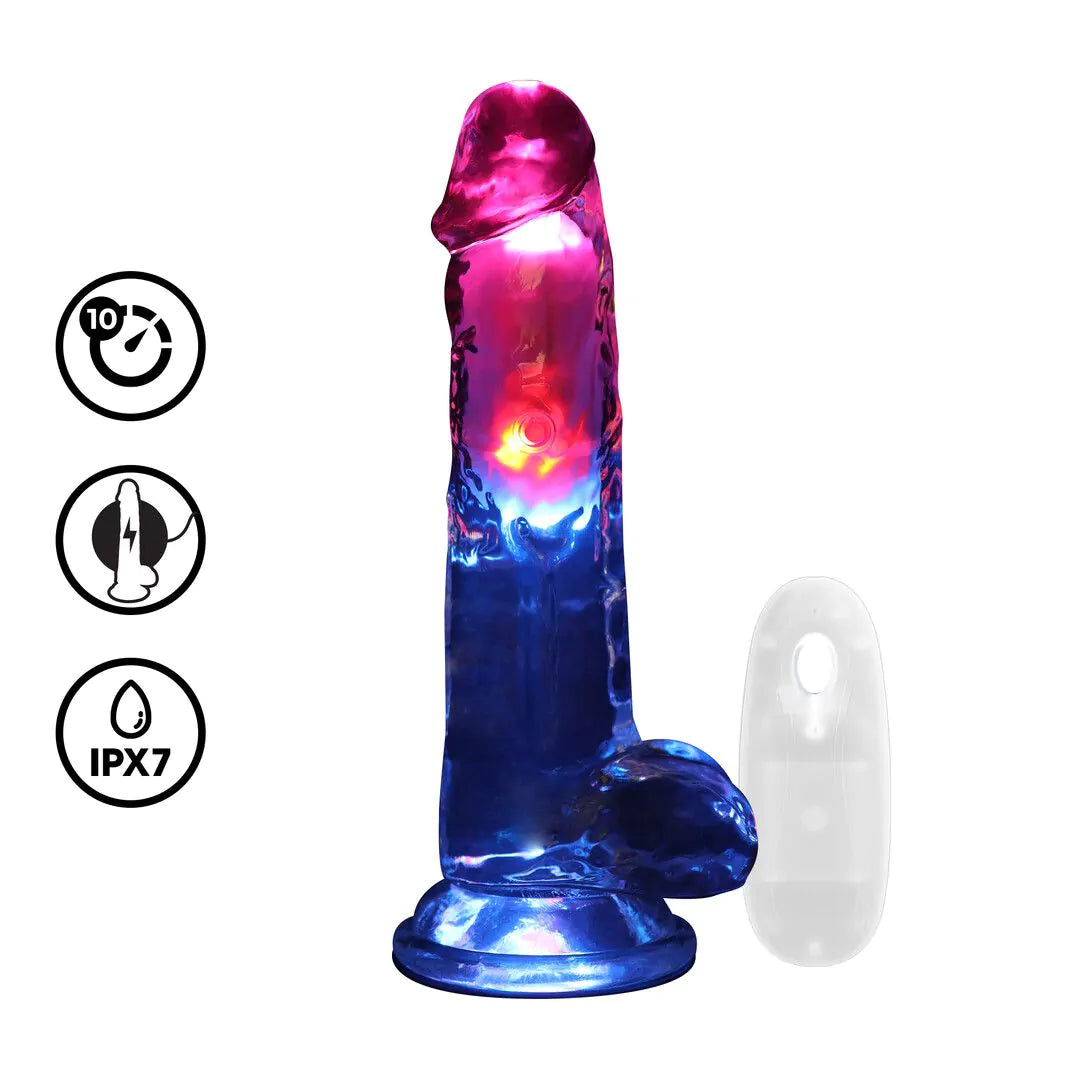 Dildo vibrador LED con testículos - 20 cm / 8" - Transparente