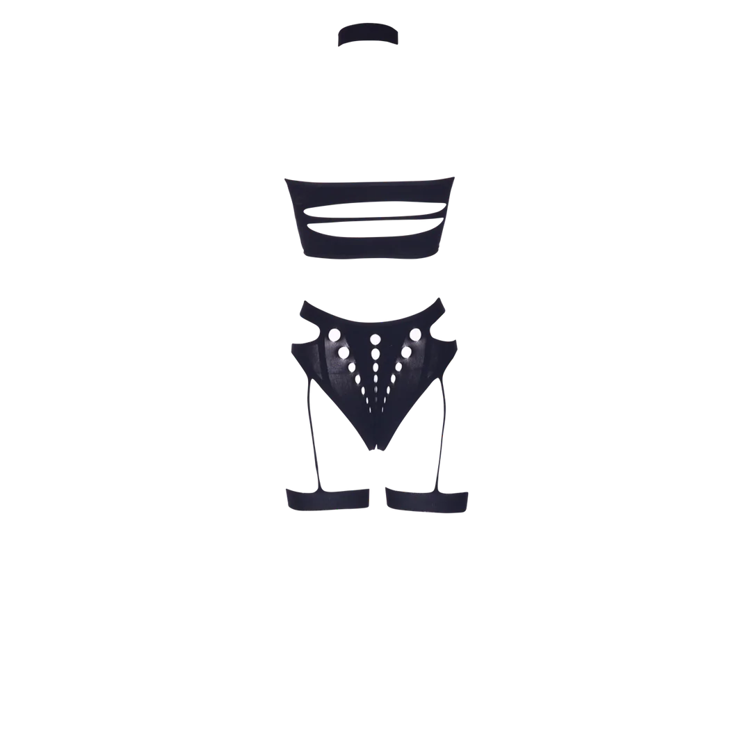 Ananke XII - Conjunto de tres piezas con gargantilla, top bandeau y braguita con ligas - Talla única